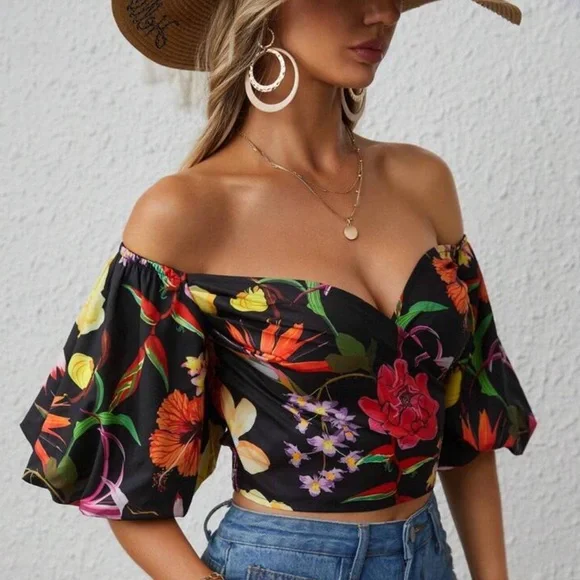 Floral Puff Sleeve Crop Top - Picture 7 of 7
